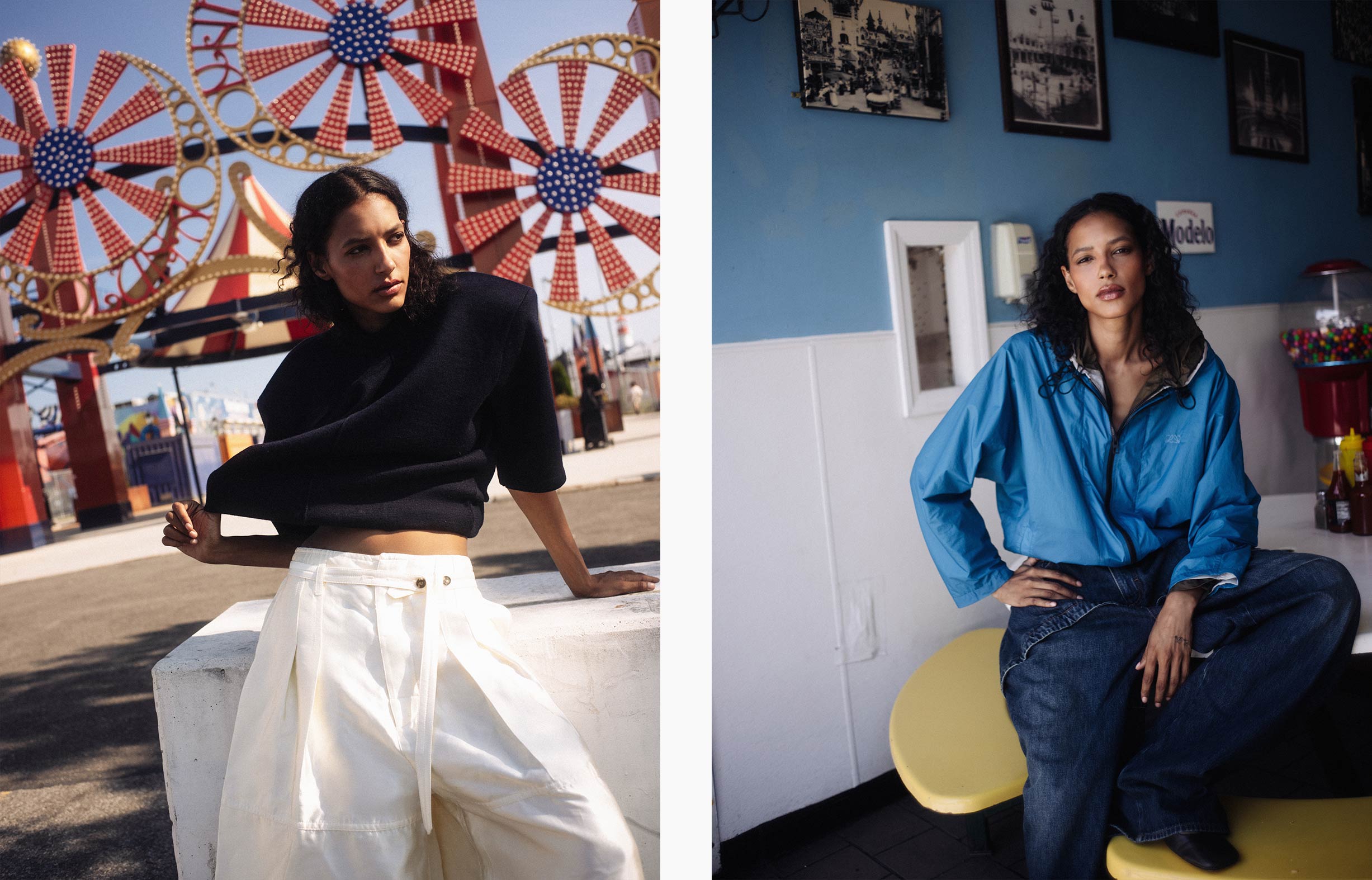 A model poses at COney Island wearing Bottega Veneta and LOEWE