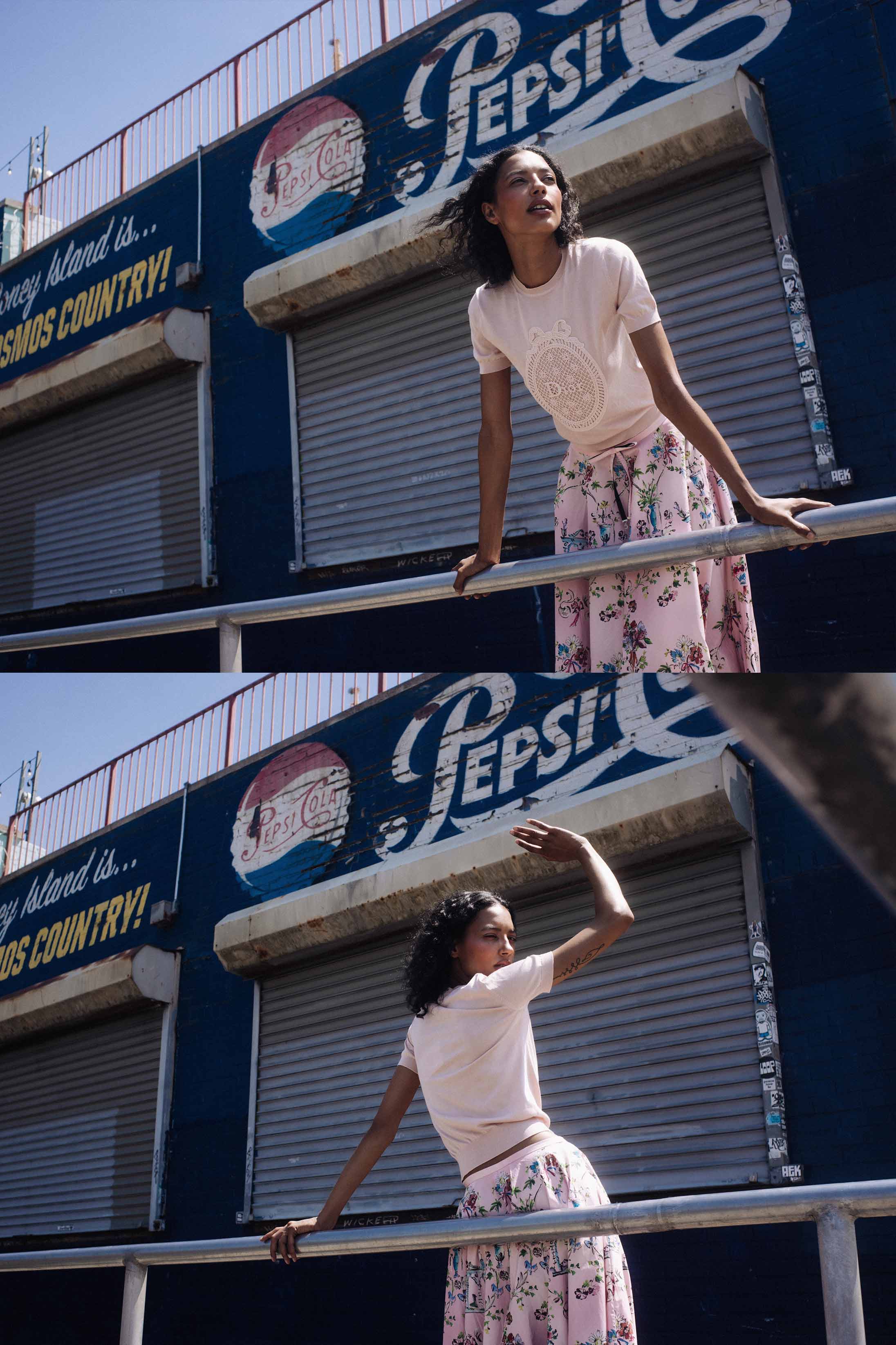 A model poses at COney Island wearing DIOR