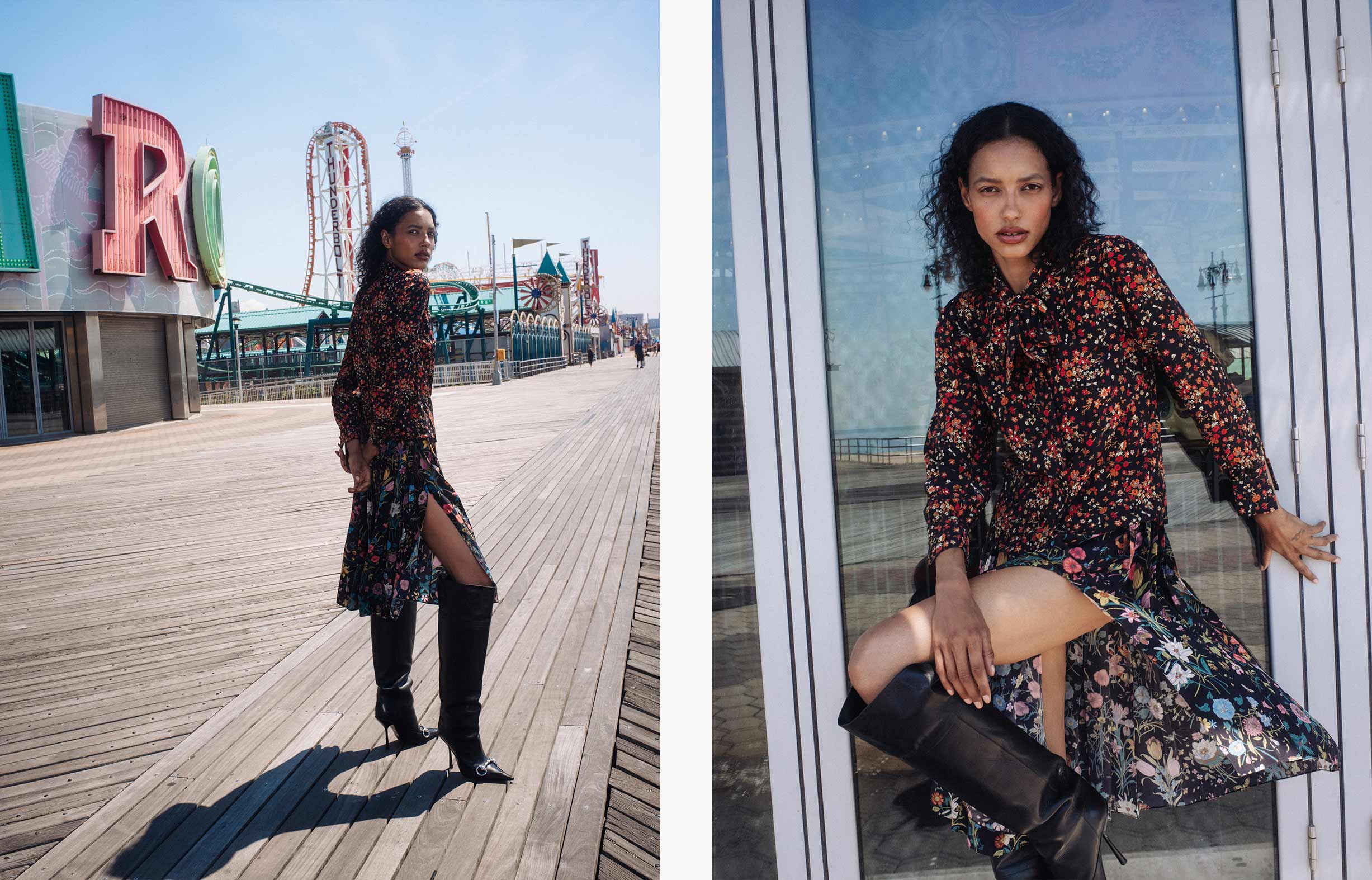 A model poses at COney Island wearing Gucci