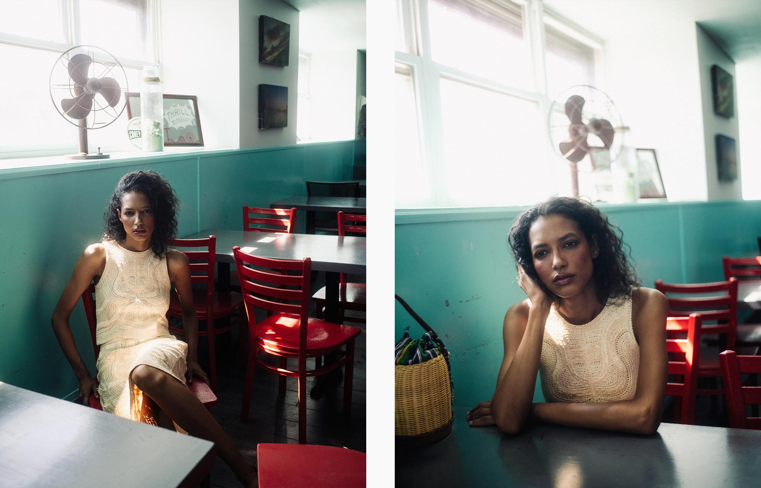 A model poses at COney Island wearing Maje