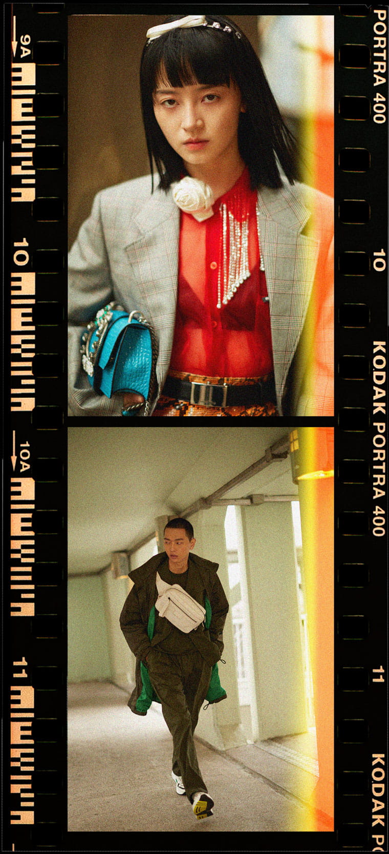 Left: A model poses in the latest look from Miu Miu. Right: A model wears the latest look from Bottega Veneta