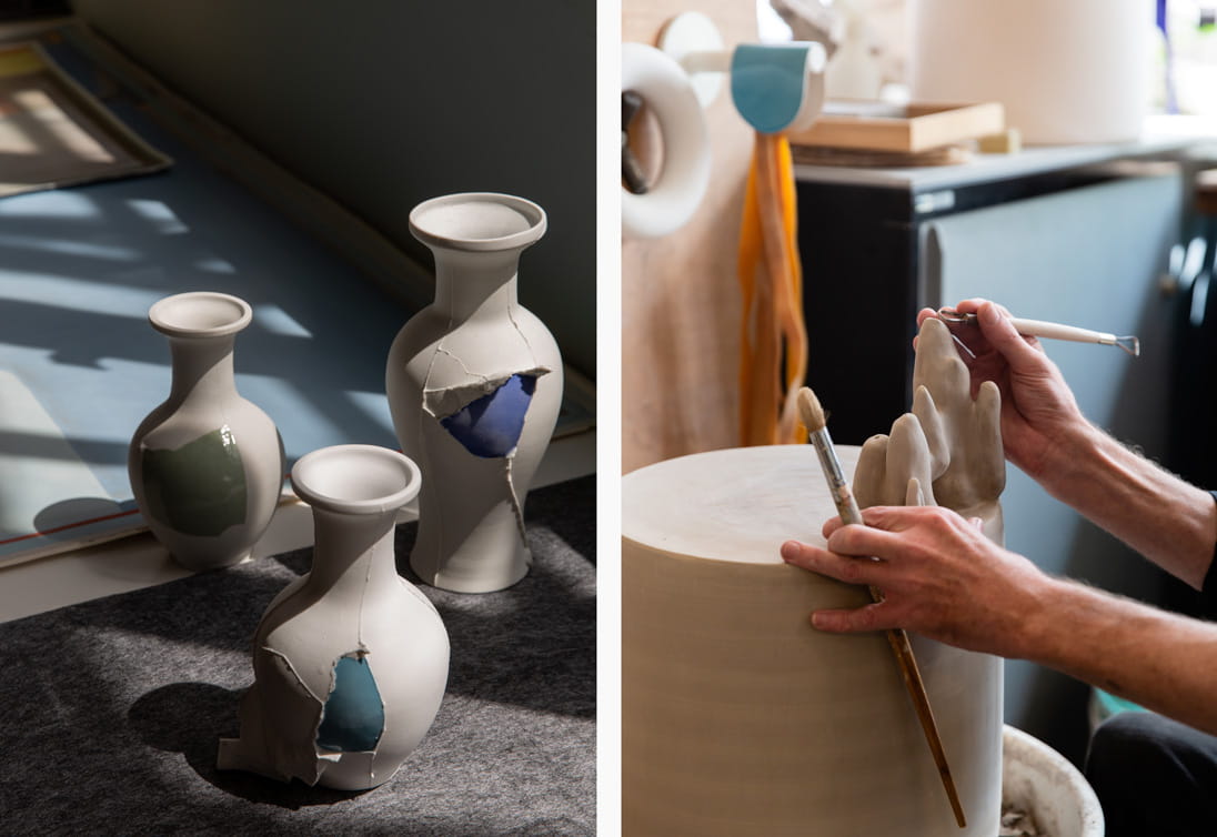 Left: A selection of Latitude 22N’s vases. Right: Jesse Mc Lin at work in the studio