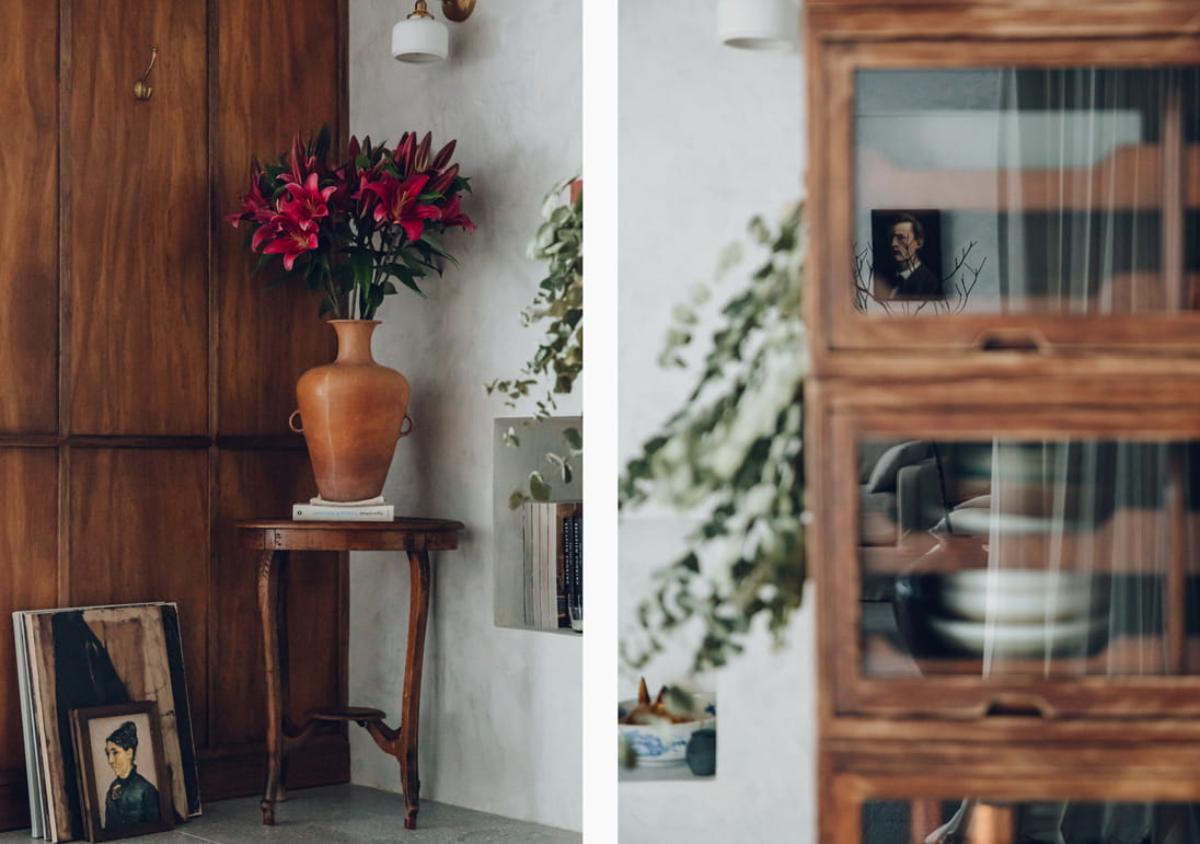 Mandy Lee's space is highly textural, with wood panelling and furniture offset by brass and ceramic accents
