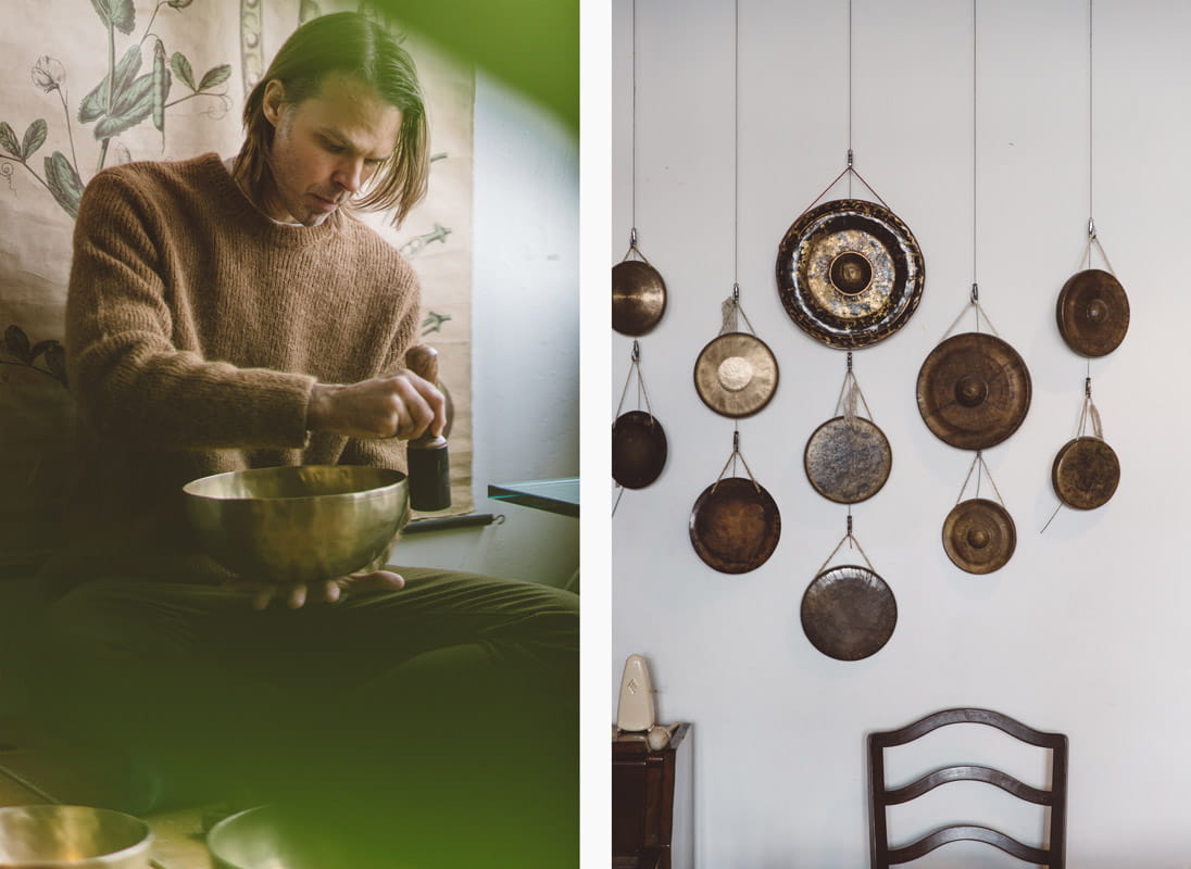 Hong Kong artist Shane Aspegren works in his studio surrounded by sound instruments
