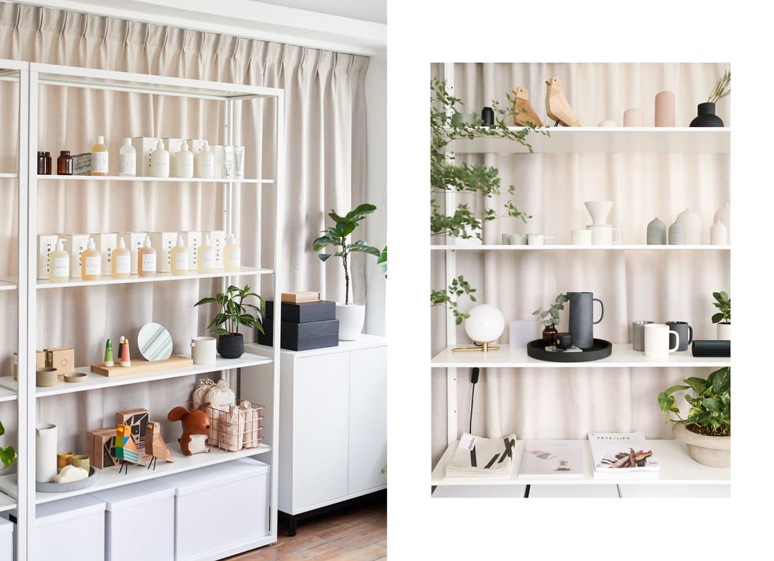 A shelf display of pieces from the studio’s latest project OBJECTIVE mixes with an Artemide lamp and Zuny’s playful Gino the Mouse Bookend