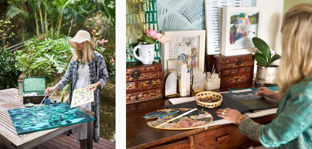 Left: Greer paints on her tranquil, lush outdoor patio. Right: Greer’s sketchbook is well-used due to the home’s inspirational location