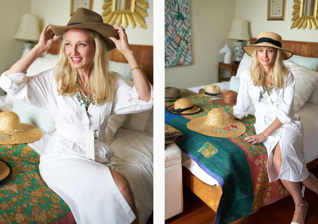 ] A woman of many hats, Greer poses wearing a necklace she designed herself. Dress from Tibi available at Harvey Nichols