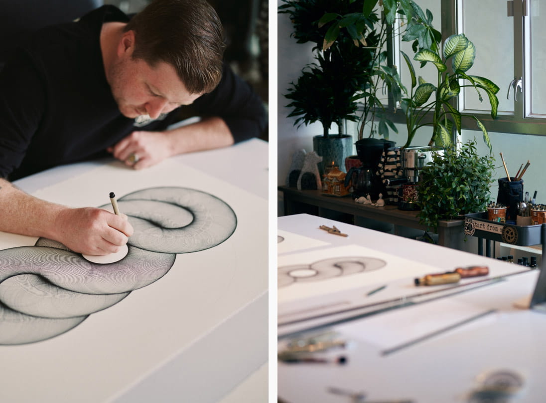 Hong Kong artist Peter Yuill works on a piece