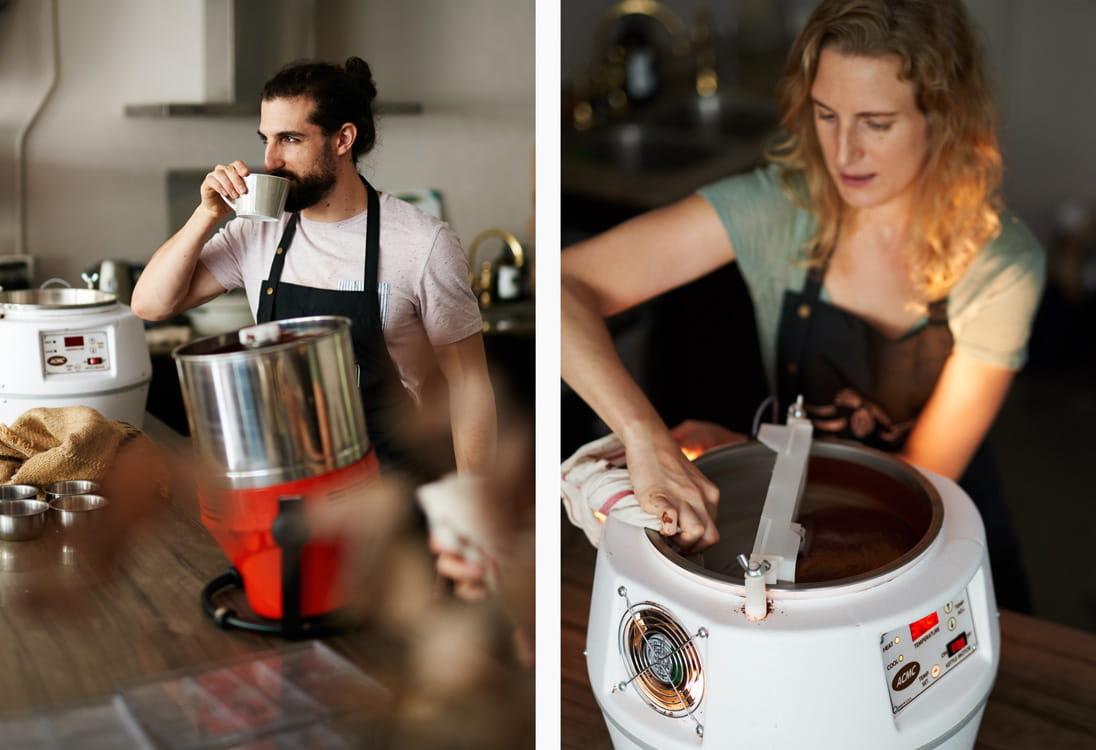Amit Oz and Celine Herren of Conspiracy Chocolate demonstrating chocolate making