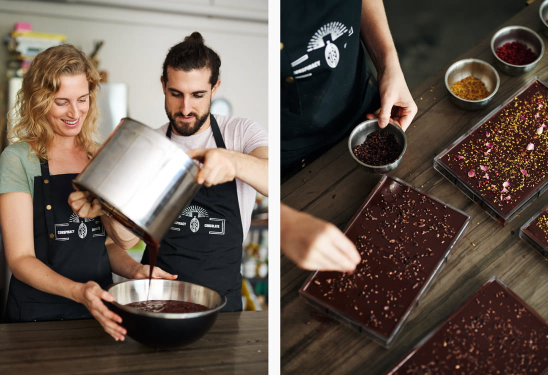 Amit Oz and Celine Herren of Conspiracy Chocolate demonstrating chocolate making