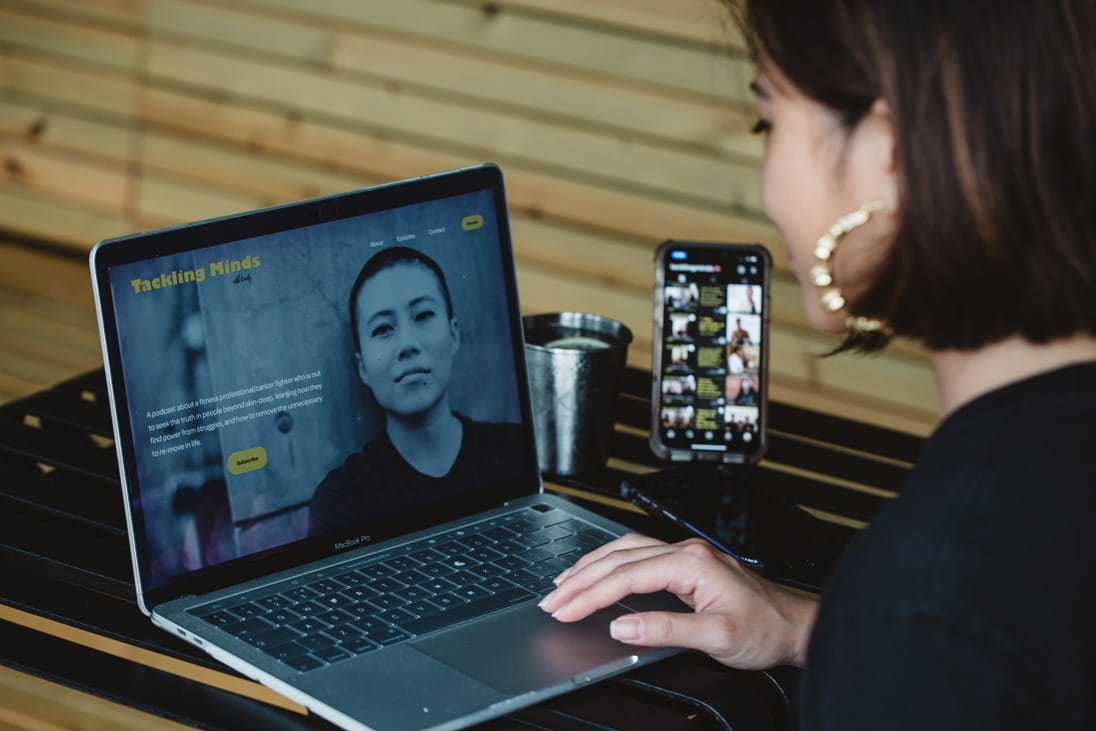 Emily Tan prepares ahead of a podcast meeting