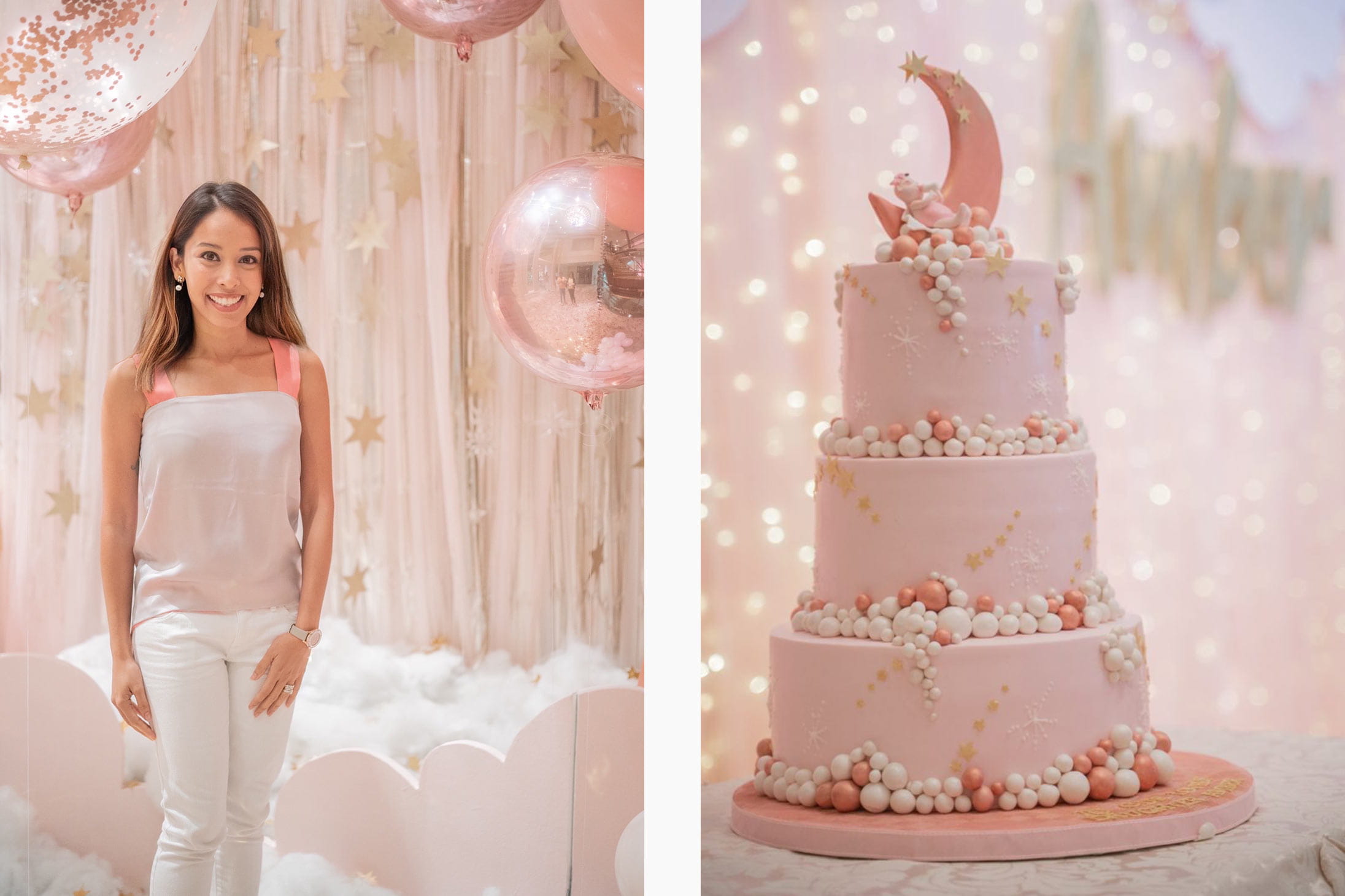 Left: Kim Williams-Waaijer, Chief Event Planner of FÊTE. Right: Three-tier cake at the firm’s Stars & Cloud Double Full Moon Party