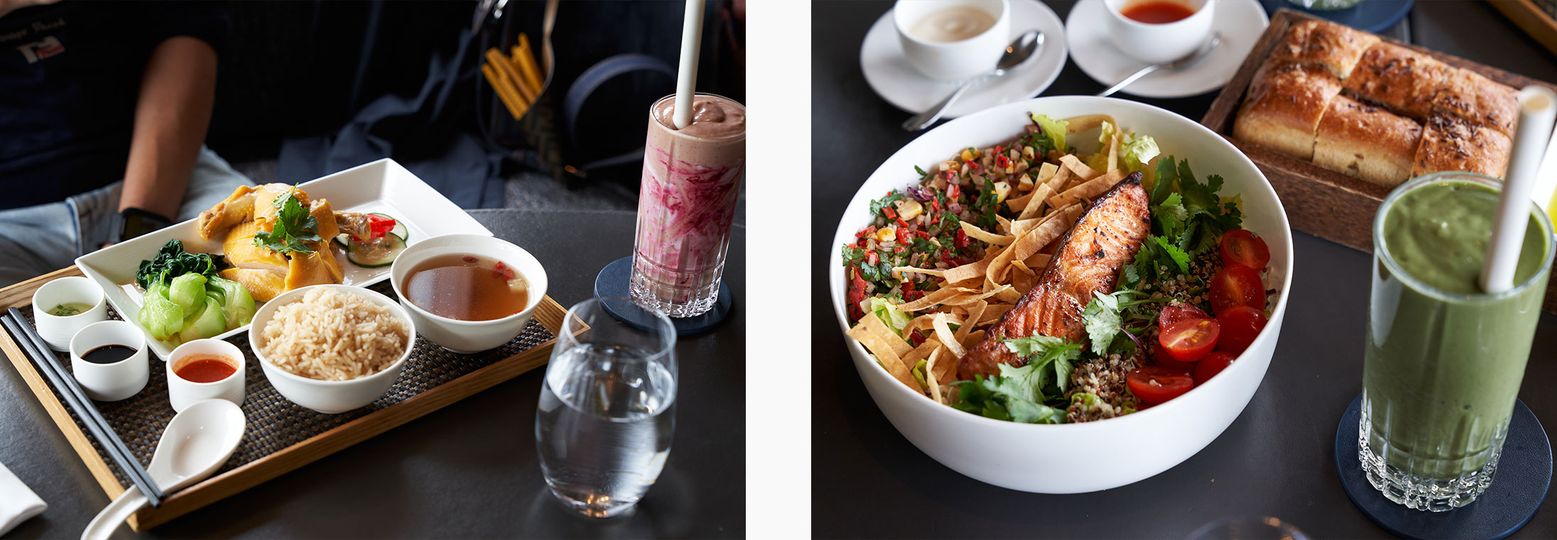 Hainan Chicken Rice, Family Form Spicy Fish Taco Salad and Family Form smoothies at Salisterra, The Upper House