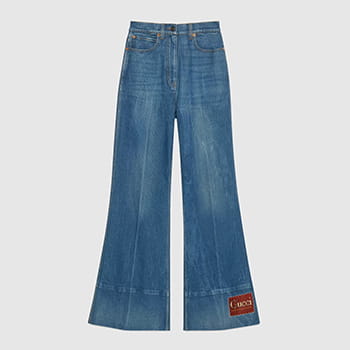 Gucci Washed Denim Flare Trousers with Gucci Label for Women