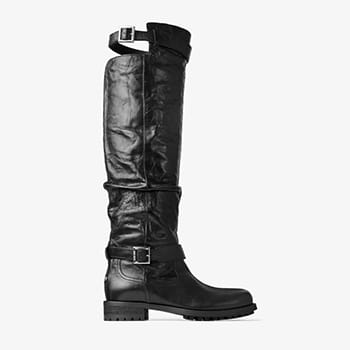 Jimmy Choo Black Lamb Leather Knee-High Biker Boots 