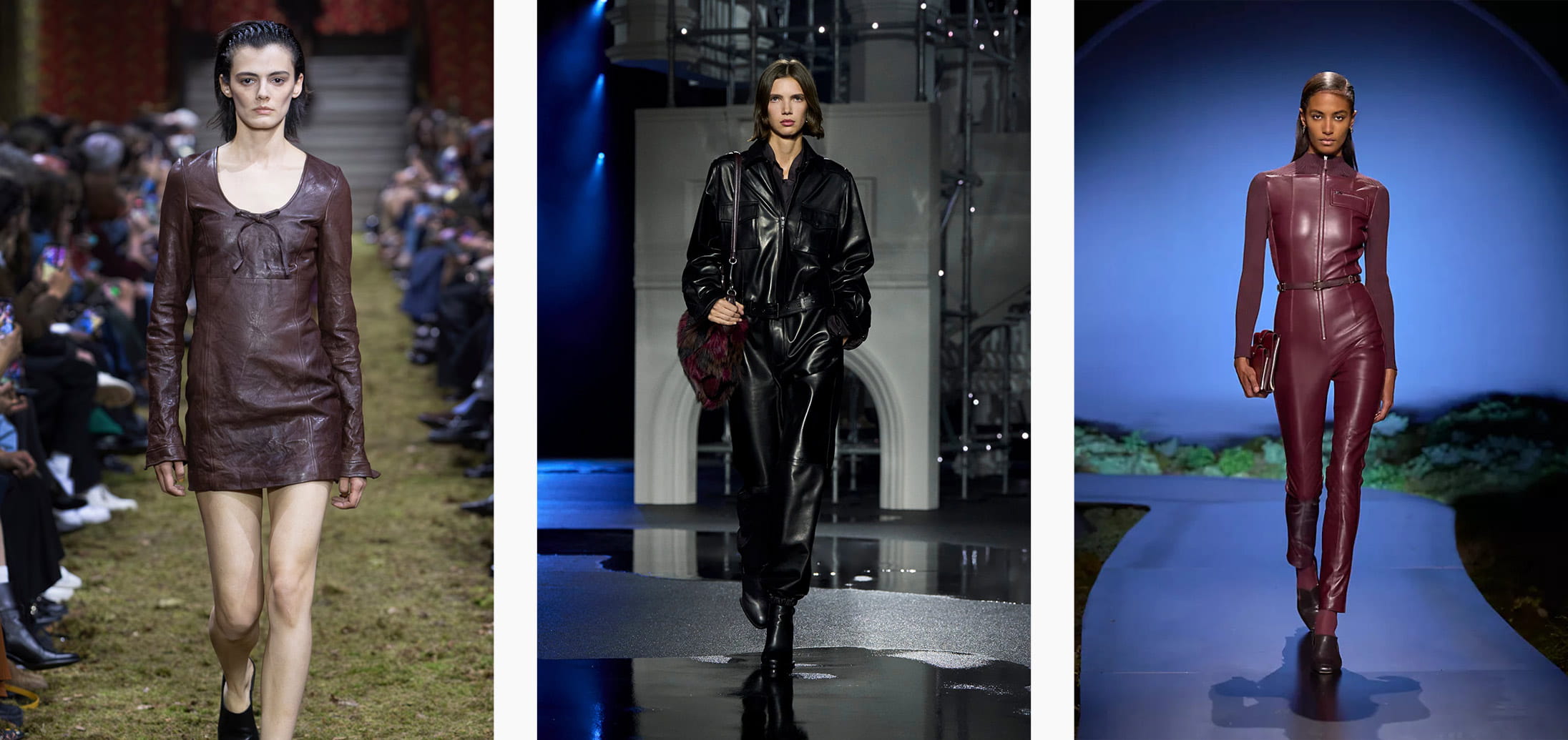 Runway models show leather looks for autumn winter 2026 from Gucci, Miu Miu and Burberry