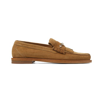 Jimmy Choo Mocca Sugar Reverse Suede Loafers with Stone Chain