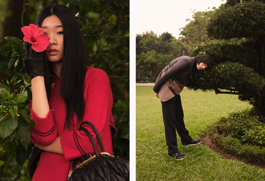 Male and female models pose in Fendi and Miu Miu