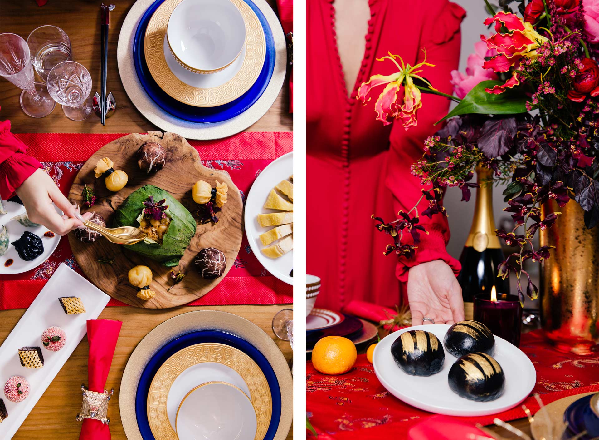 Feiping Chang serving up a Chinese New Year feast at home. Flowers by Ellermann
