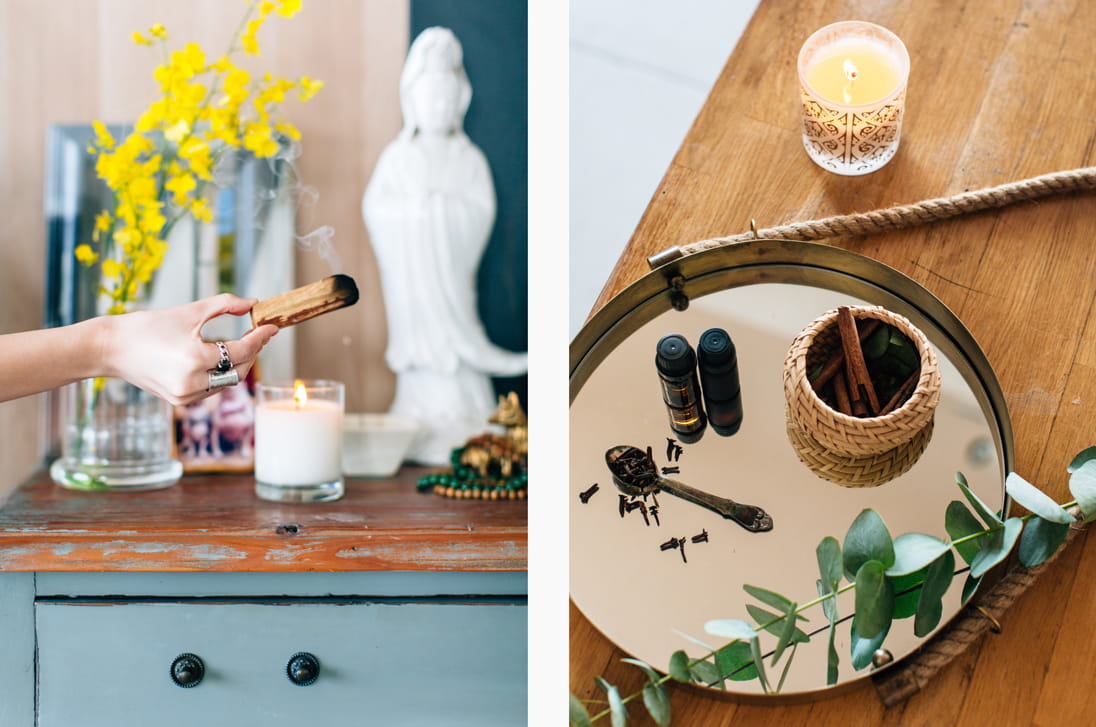 Left: Burning incense can help improve mindfulness / Right: Scented candles and essential oils can help improve your home’s qi