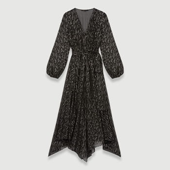 Maje Belted Muslin Dress with Scarf Print