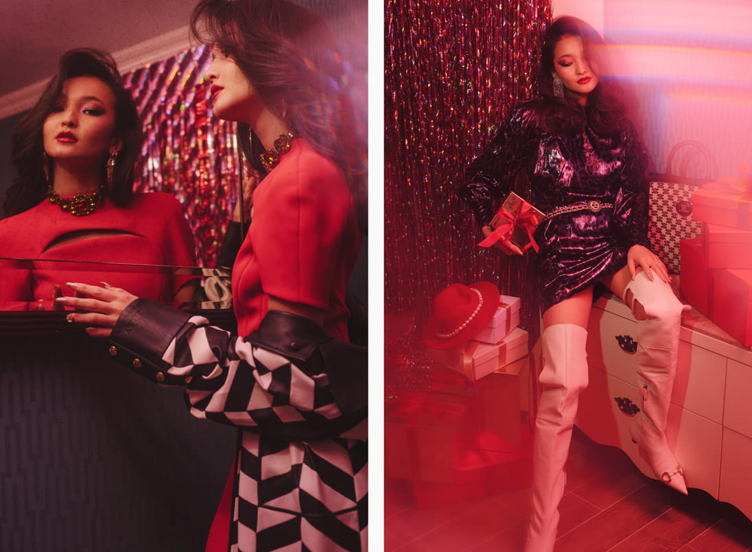 A model poses in Versace, Gucci, Bally and Chloé (left) and Diane von Furstenberg, Gucci, Chanel, Benoit Missolin and CELINE (right)