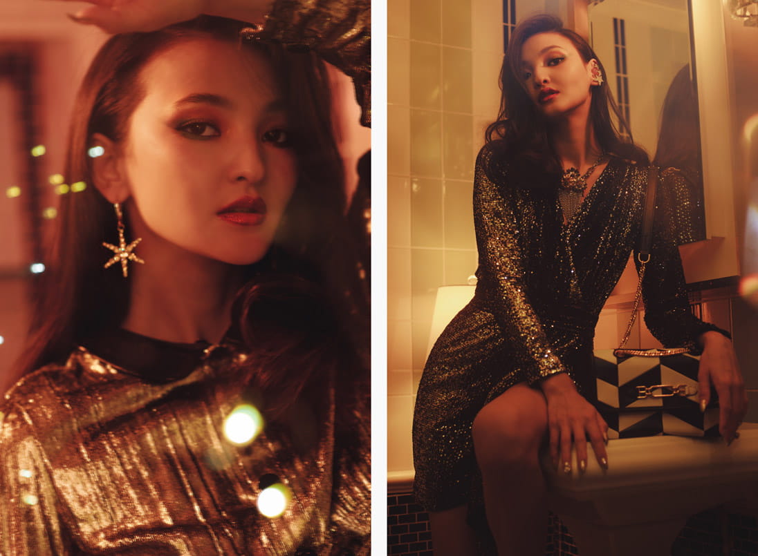 A model poses in Gucci and Jennifer Behr (left) and Maje, Bally, Gucci and Kenneth Jay Lane (right)