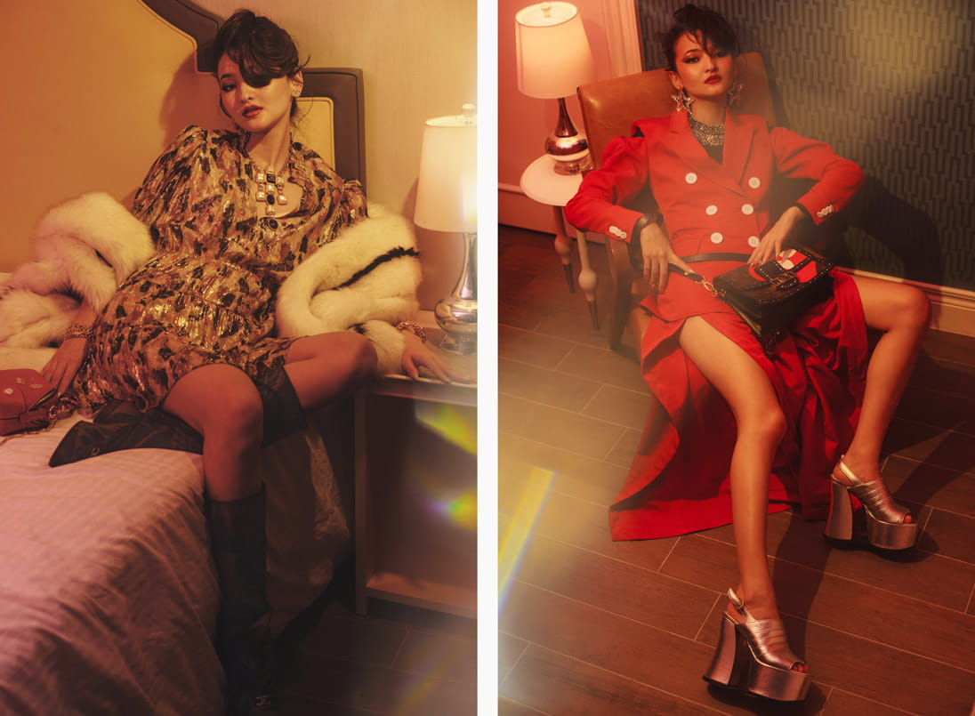 A model poses in ba&sh, Salvatore Ferragamo, Chanel, Gucci and Chloé (left) and Rosie Assoulin, Dice Kayek, Gucci and Louis Vuitton (right)