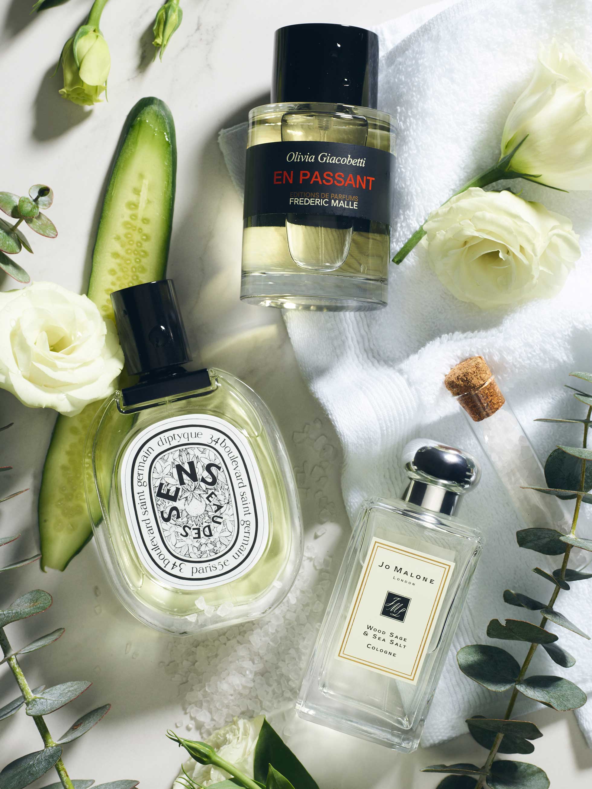 Fresh fragrances from Diptyque available at Harvey Nichols, Frédéric Malle available at Joyce Beauty and Jo Malone