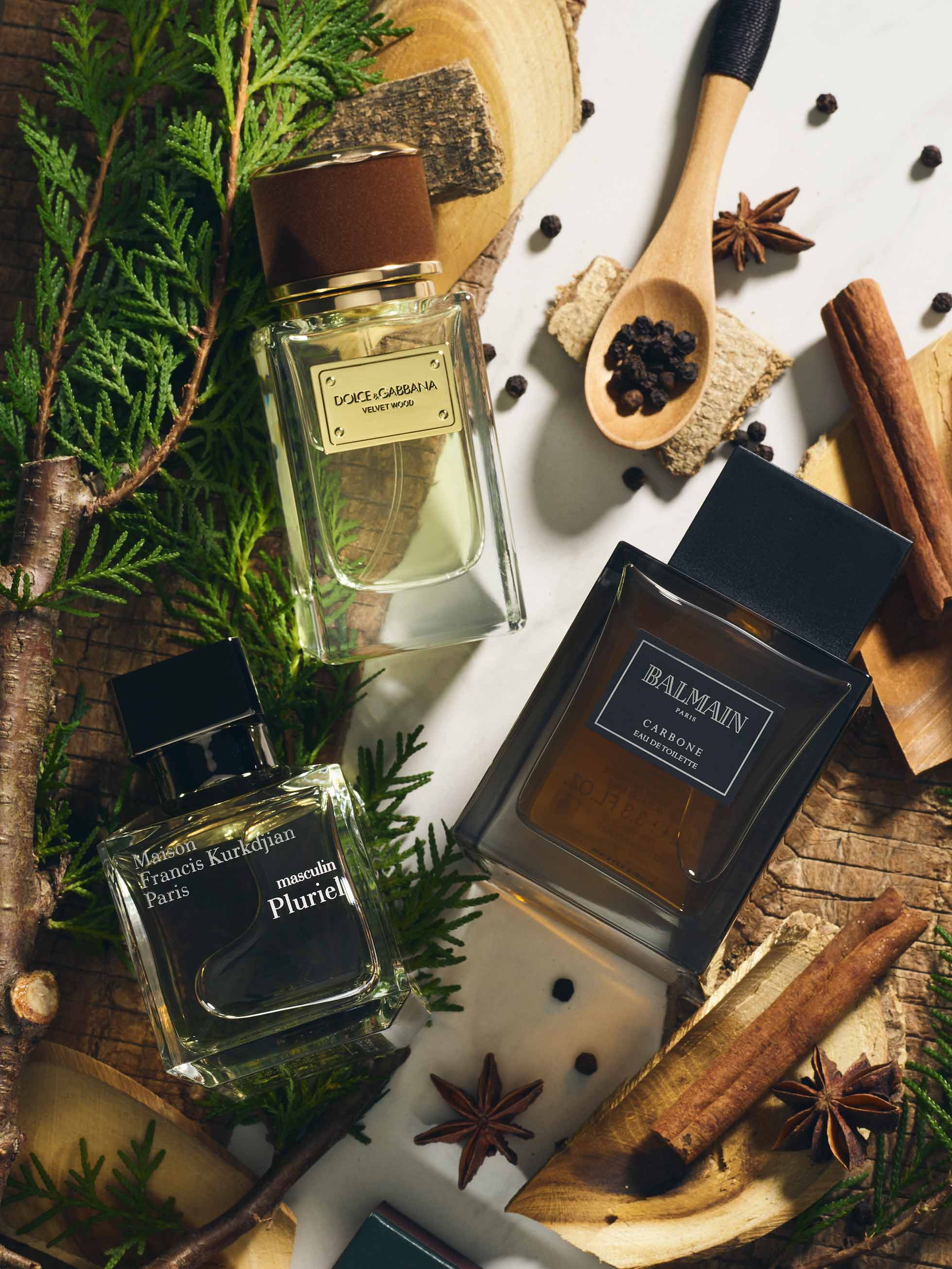 Woody fragrances from Maison Francis Kurkdjian available at Joyce Beauty, Dolce & Gabbana available at Harvey Nichols and Balmain