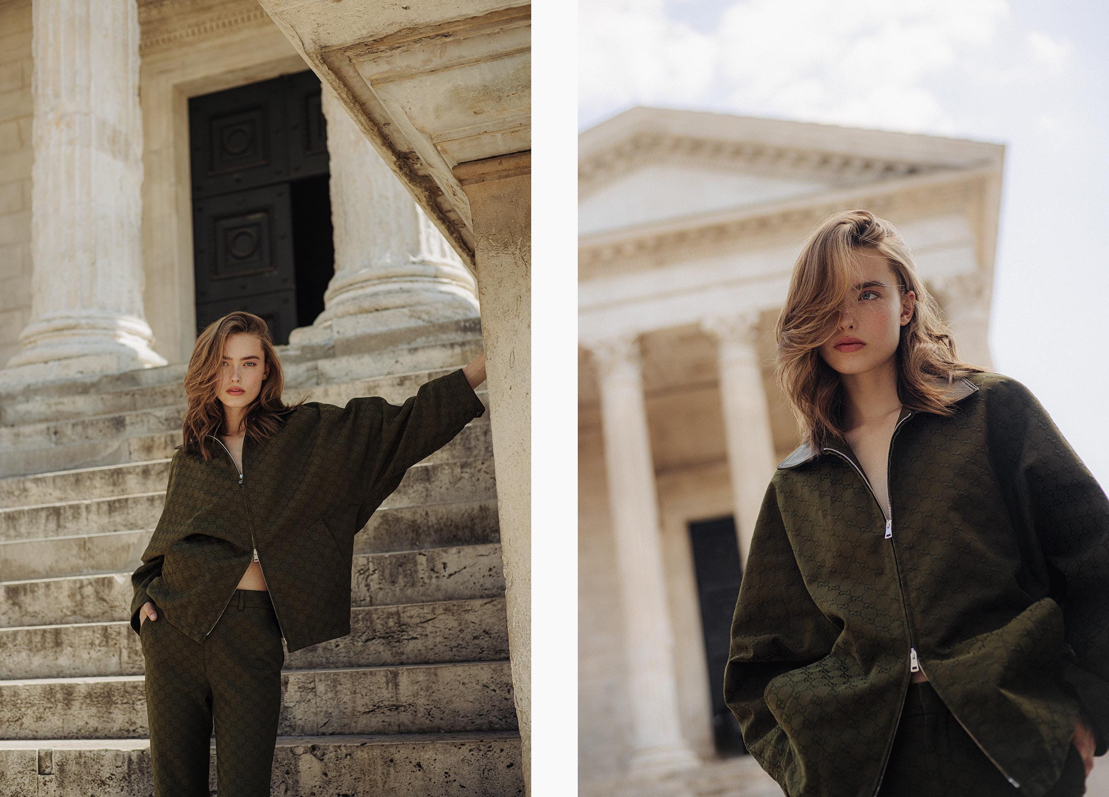 A model poses in Nîmes wearing Gucci