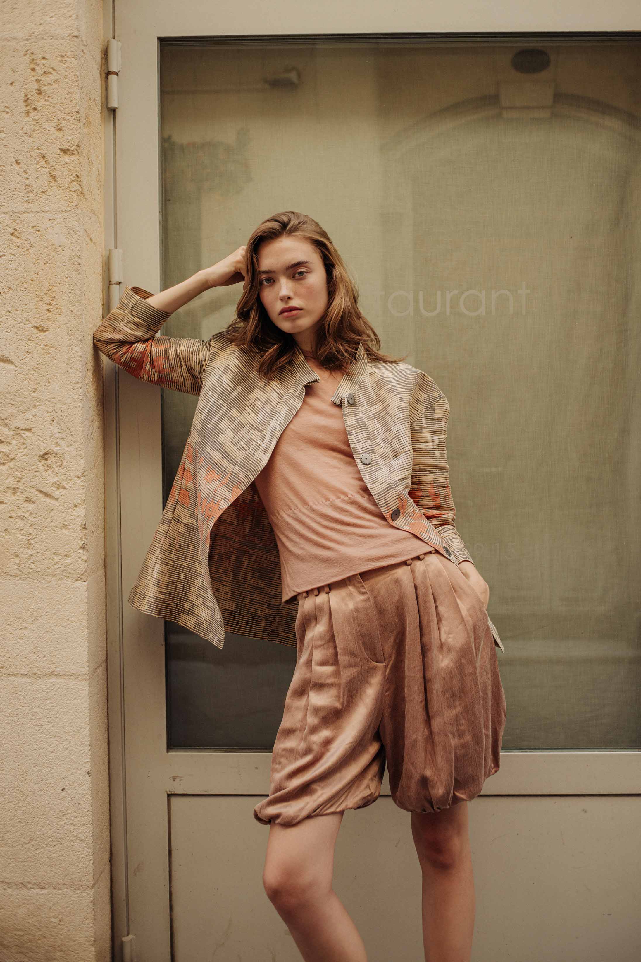 A model poses in Nîmes wearing Giorgio Armani
