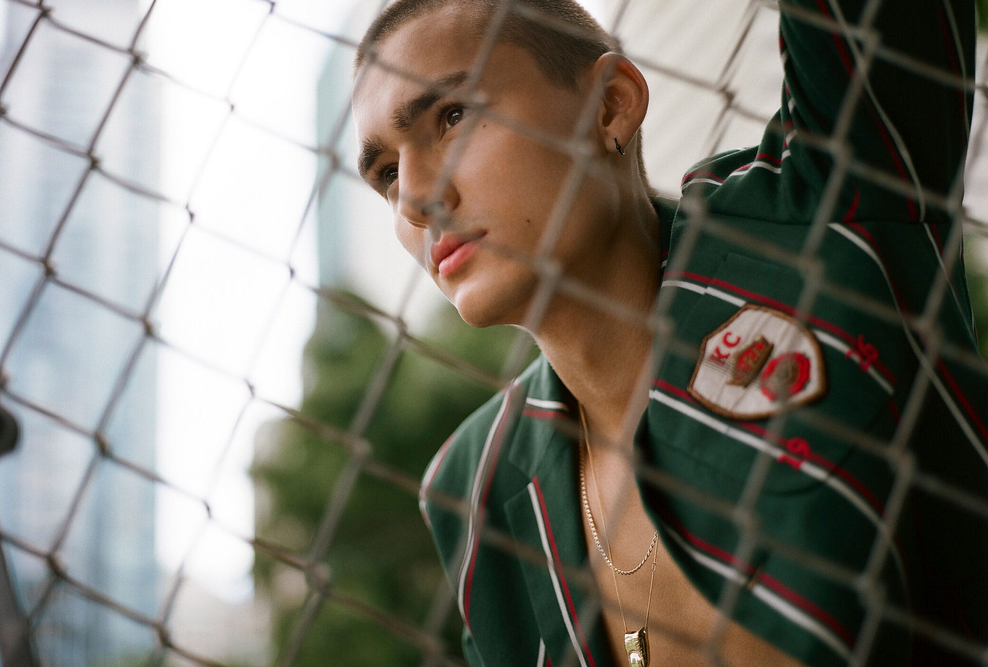 Model wears striped blazer from Kent & Curwen