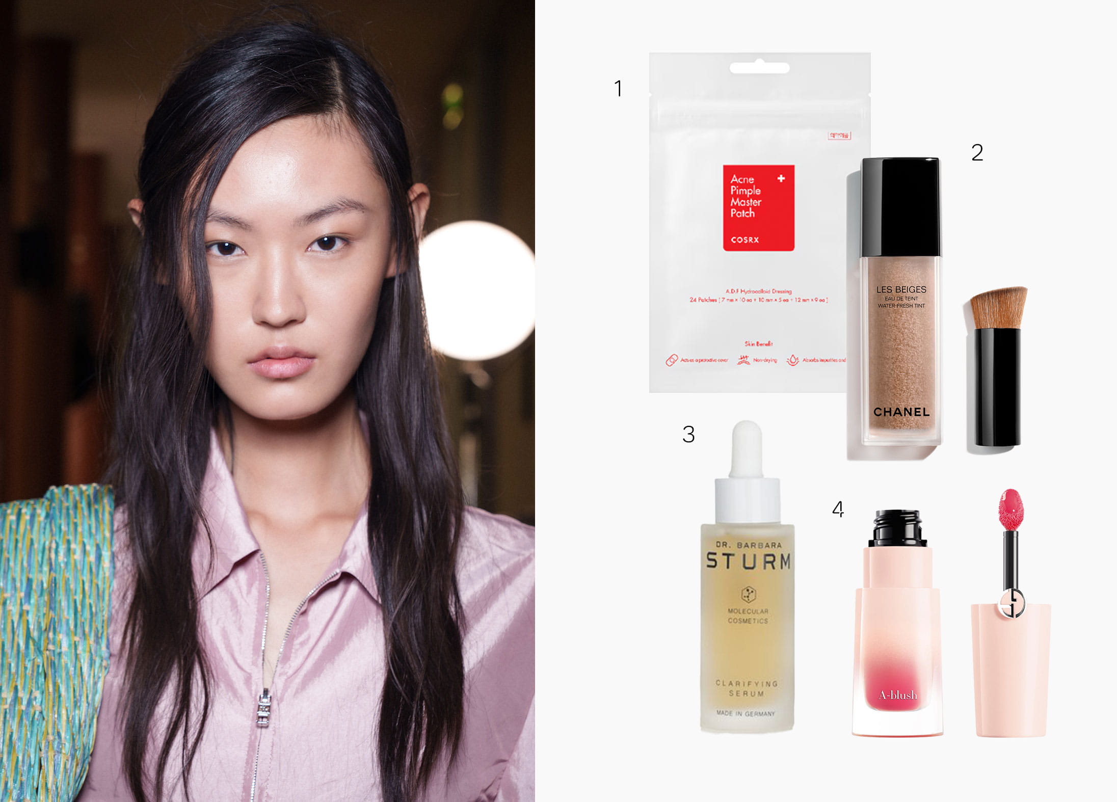 An Asian model demonstrating a Gen Z barely-there skincare look, with products