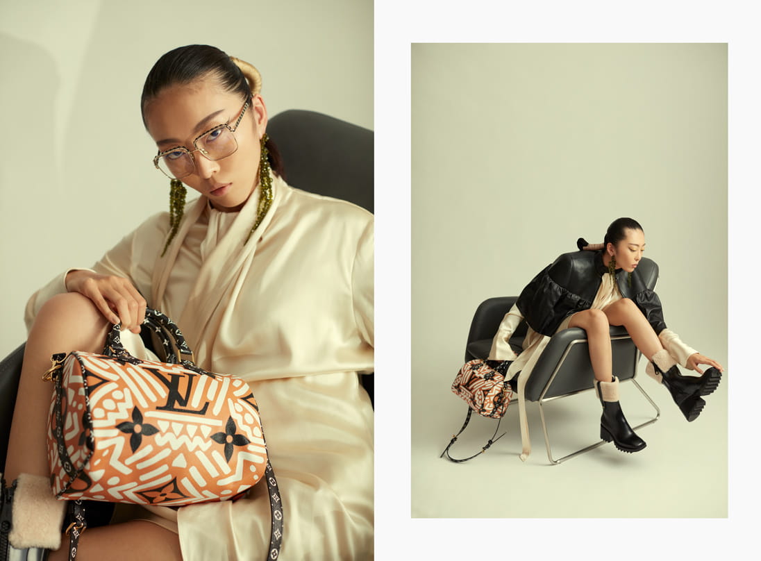A model poses in LOEWE, Louis Vuitton, Simone Rocha, Chloé and Chanel