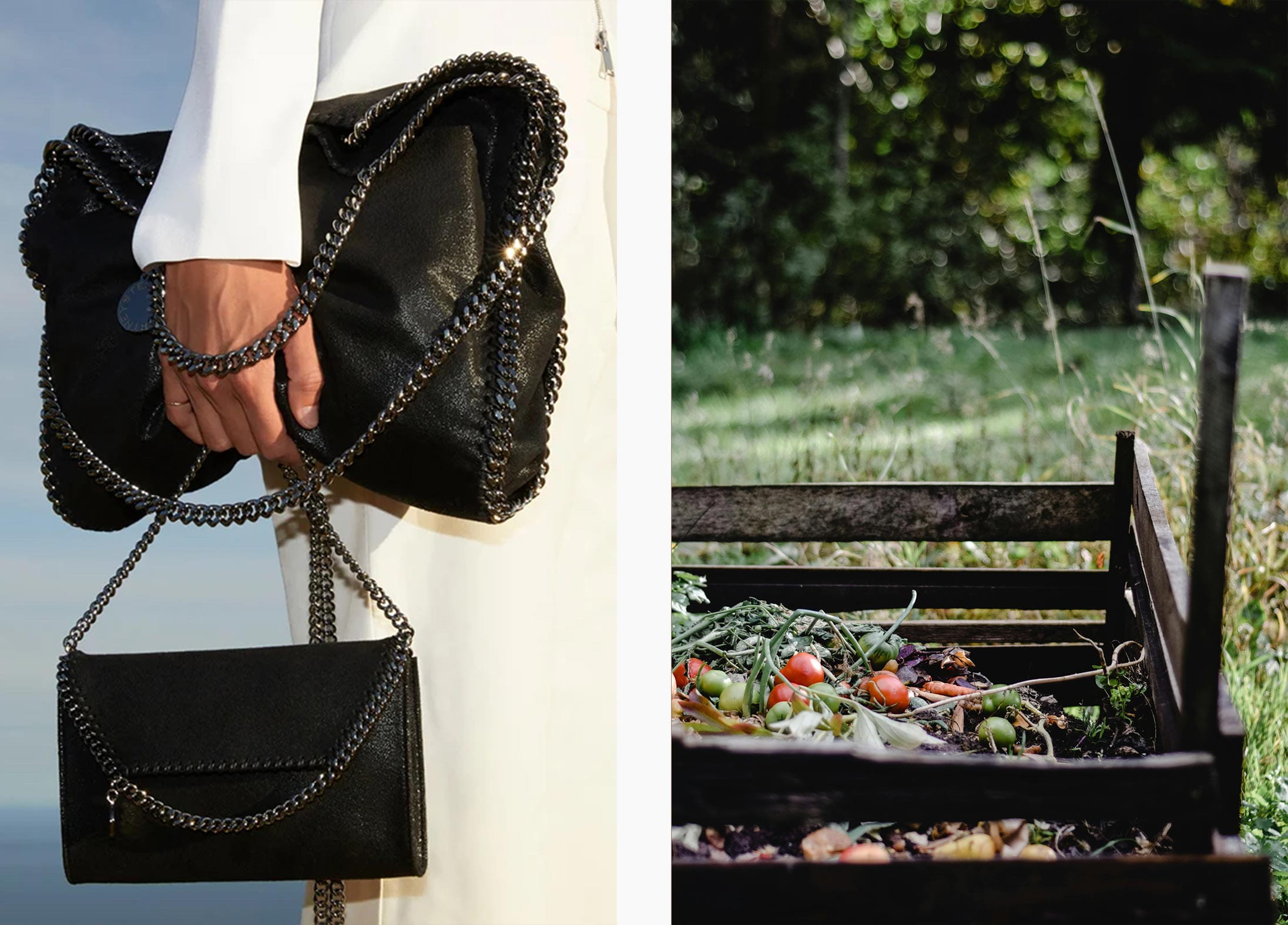 An ethical Stella McCartney bag and compost