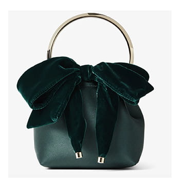 Jimmy Choo Bon Bon Satin Bucket Bag with Velvet Bow in Dark Green