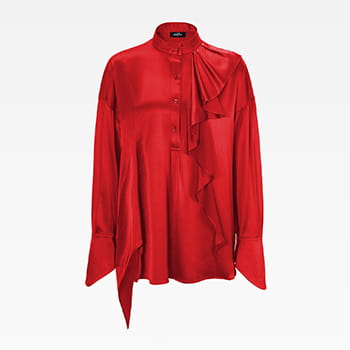 Shanghai Tang Double Collar Silk Shirt with Ruffle Details