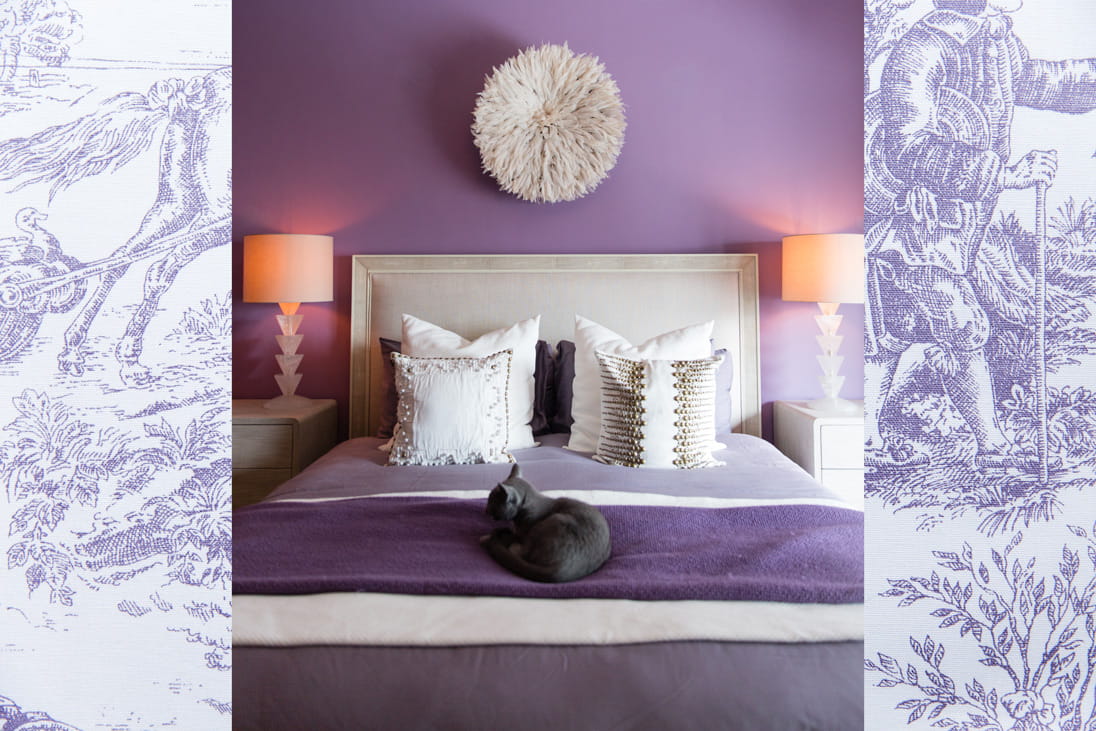 The bedroom features a Zulu hat picked up on honeymoon in South Africa, and Madagascan crystal lamp bases from Paris flea markets