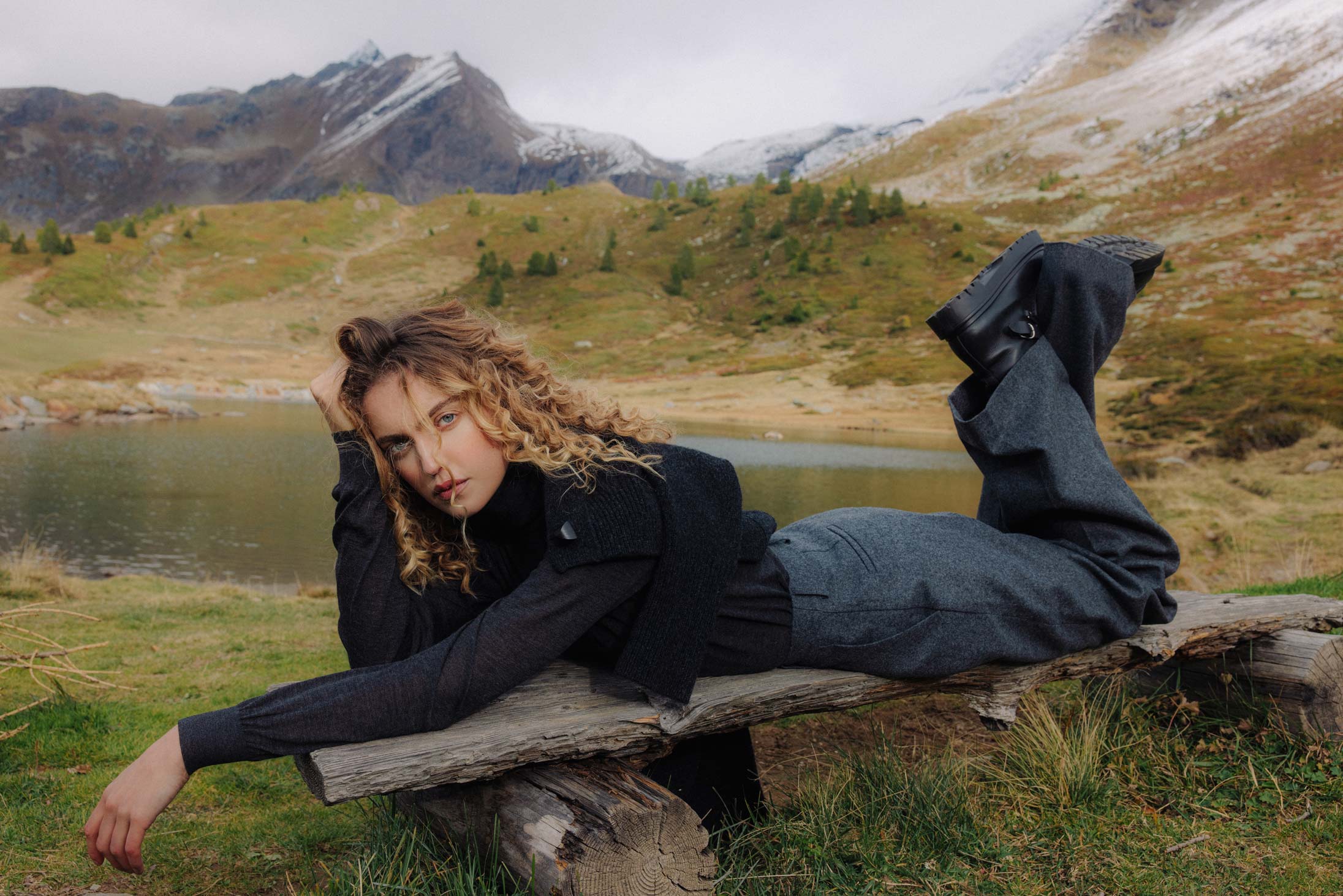 A model poses wearing Hermès in the Italian Alps