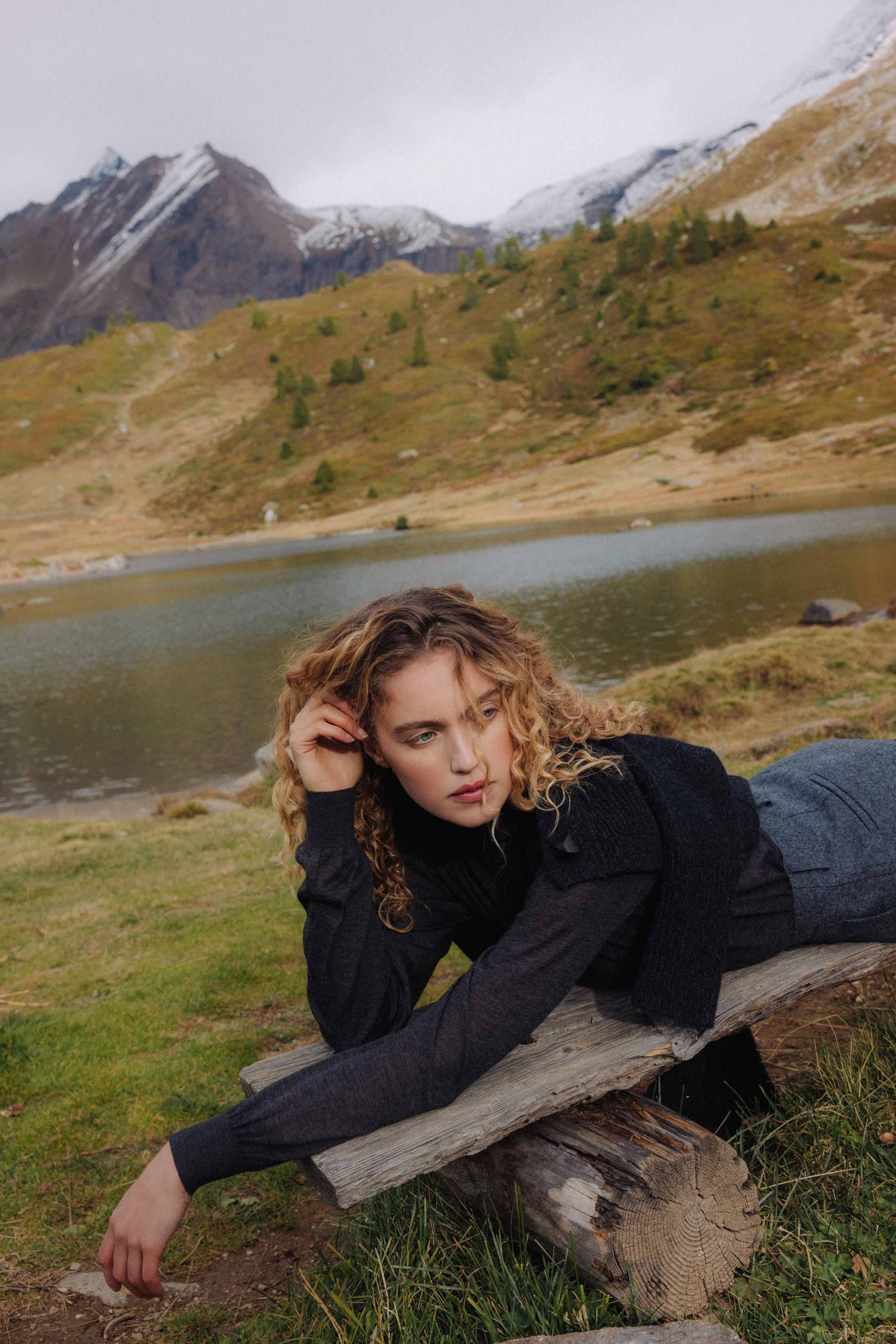 A model poses wearing Hermès in the Italian Alps