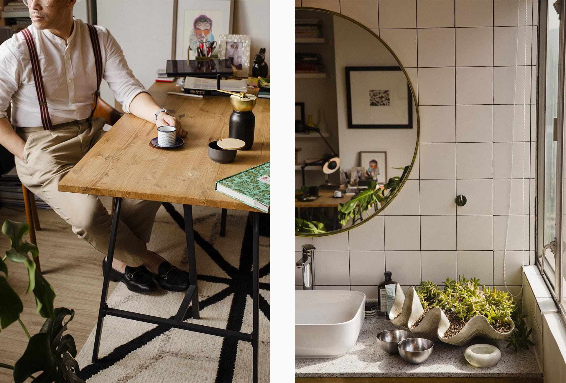 Coffee is always on hand. The grinder and sugar bowl are from the Stelton Theo range