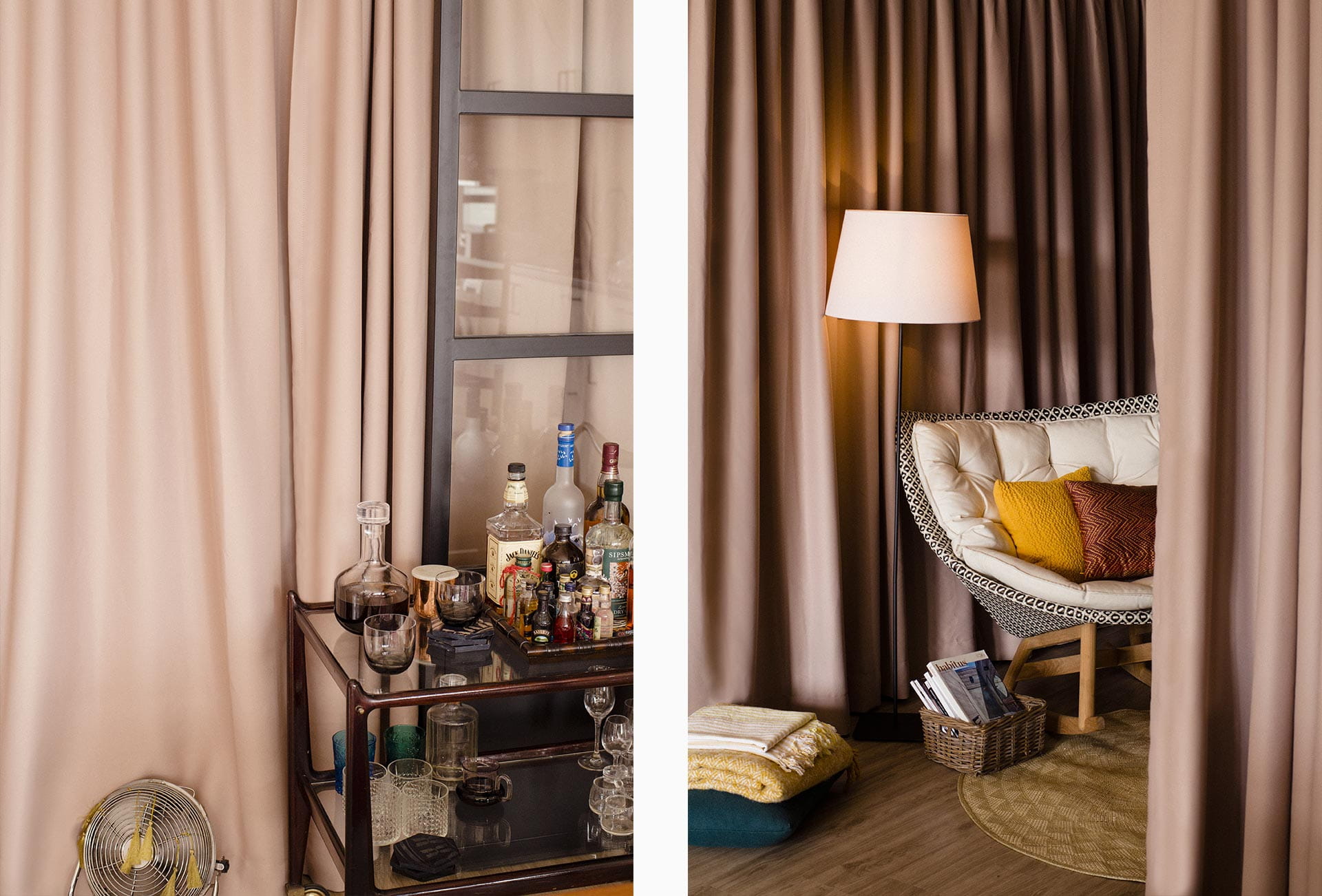 The entertaining area features a comfy sofa and plenty to drink