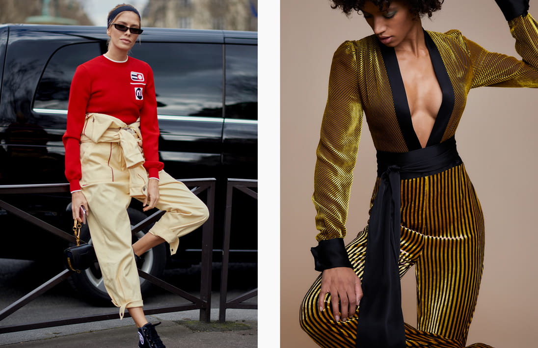 Left: Model Lena Perminova takes the jumpsuit off-duty. Image by Yu Yang. Right: Diane von Furstenberg goes gilded for autumn 2018