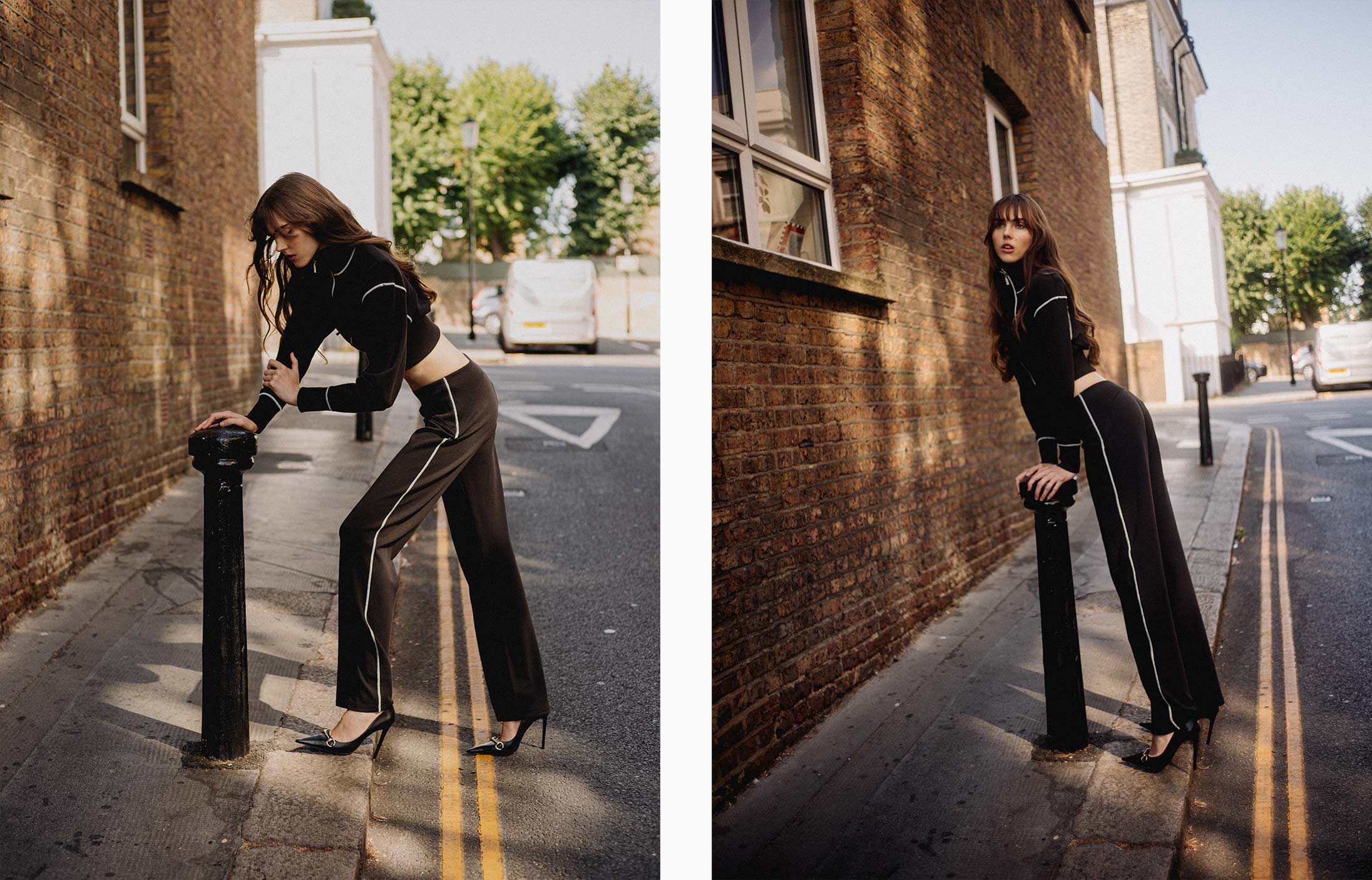 A model poses in London wearing MAX&Co. and Gucci