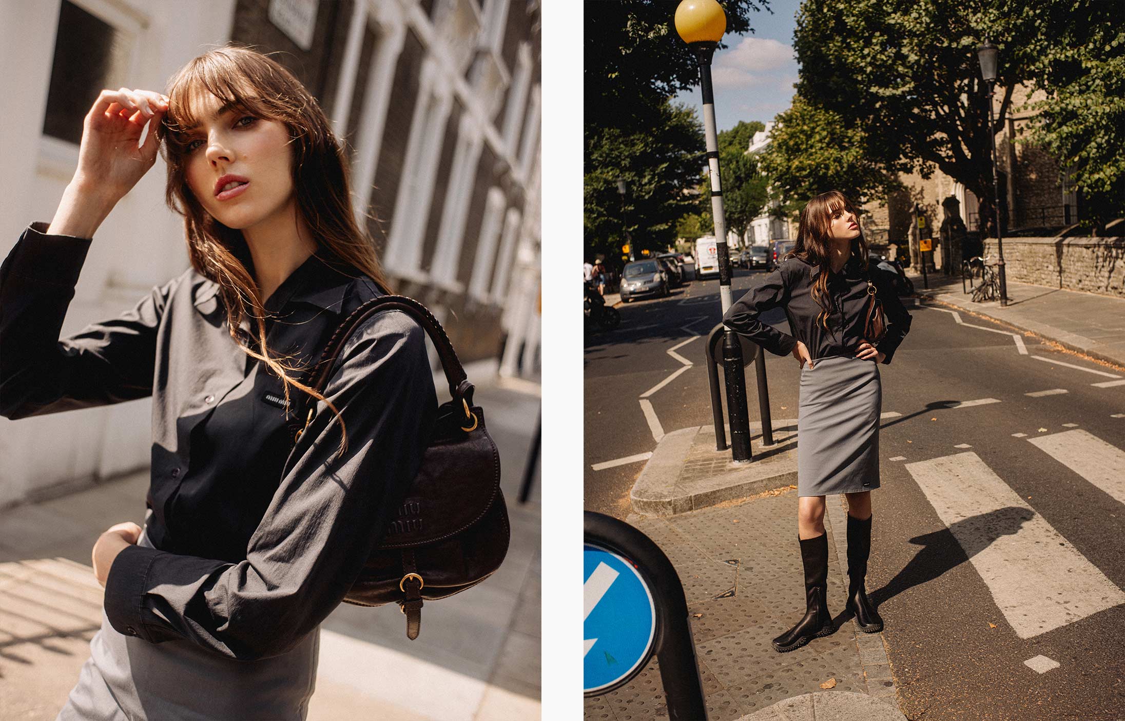 A model poses in London wearing Miu Miu