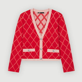 Maje Diamond Pattern Rhinestone Knit Cardigan