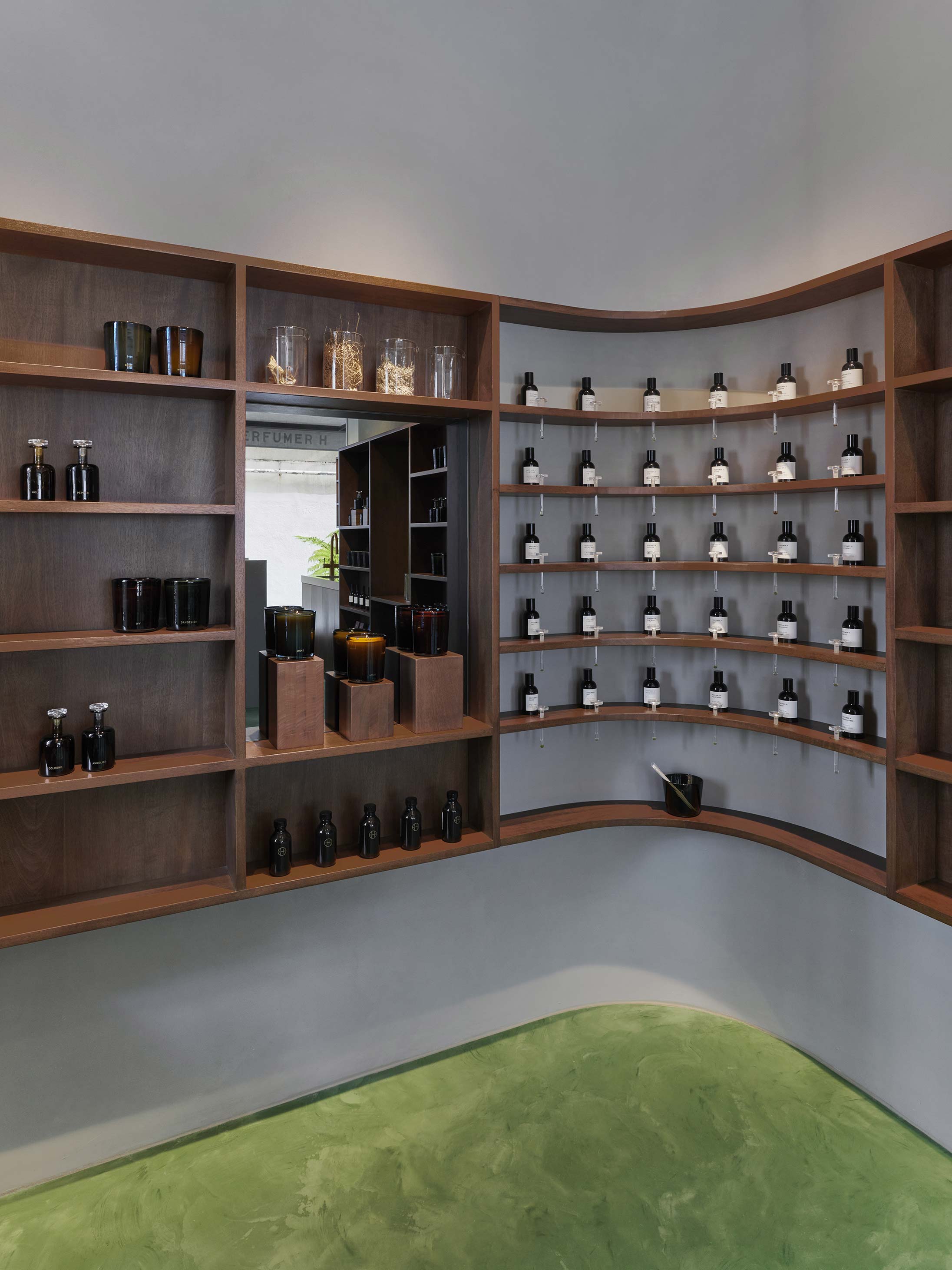 Perfumer H's olfactory testing shelf in Hong Kong