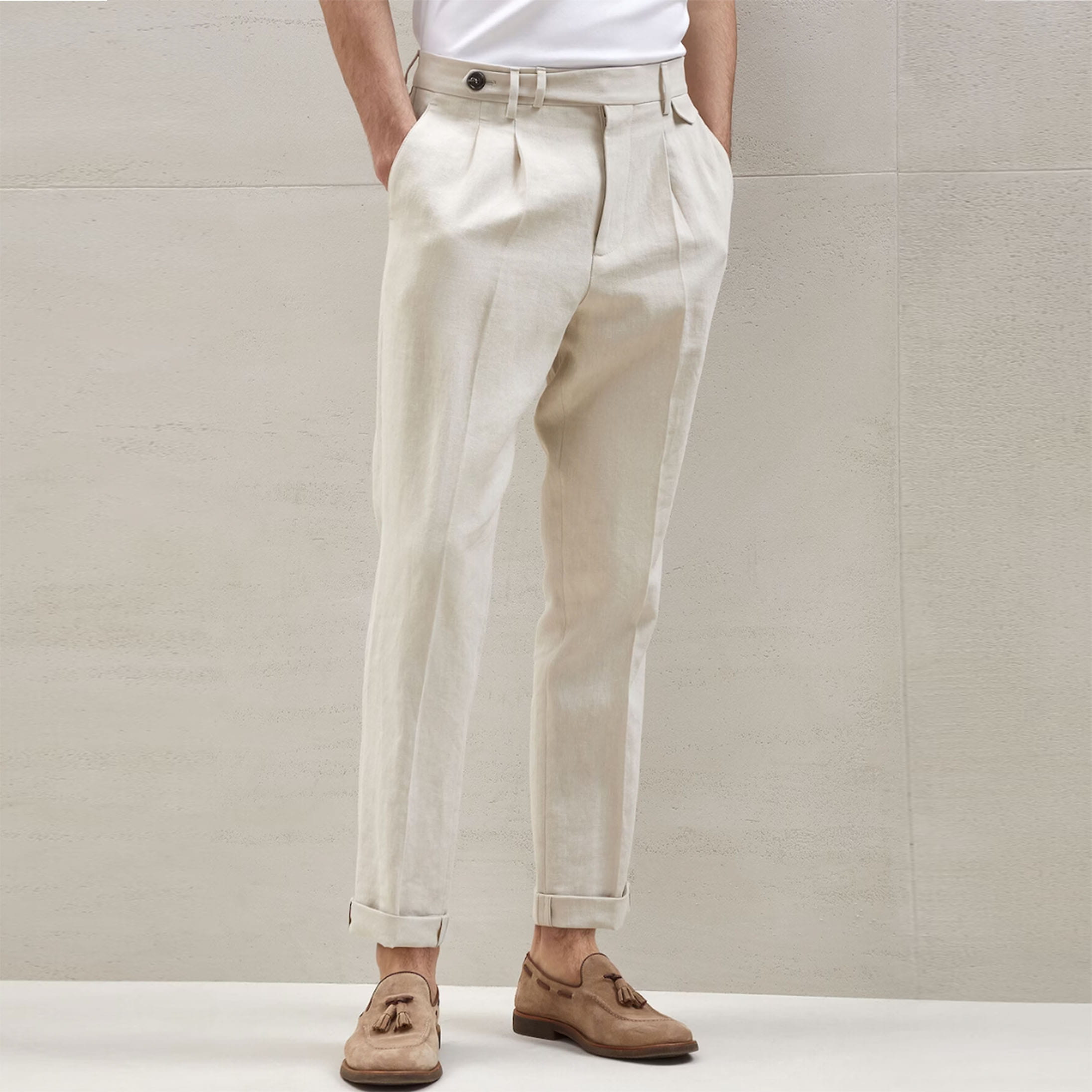 Brunello Cucinelli Twisted Linen Leisure Fit Double Pleated Trousers available at Harvey Nichols