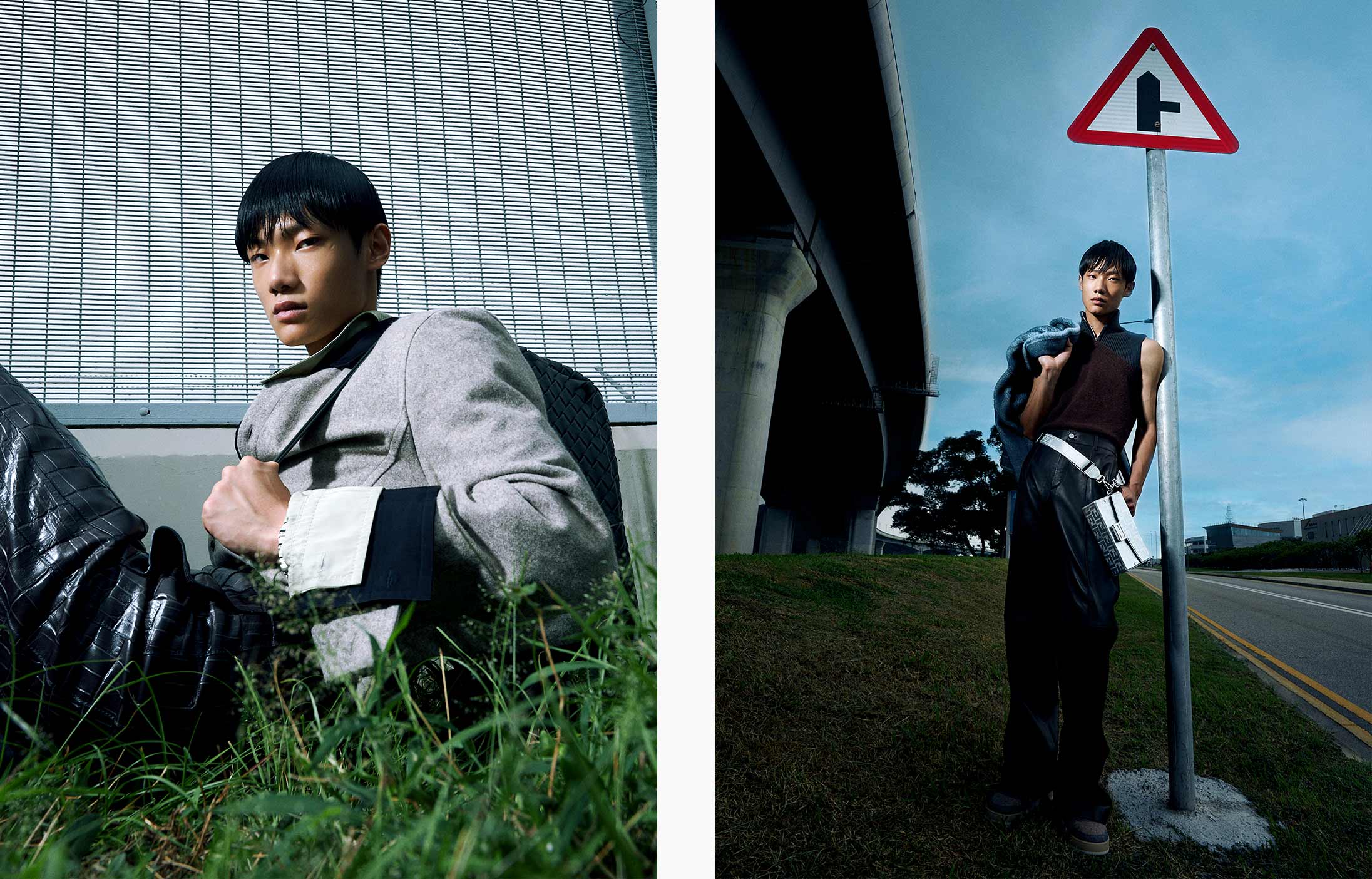 A model poses in Bottega Veneta and Fendi Men
